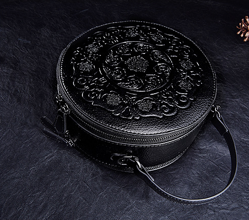 Vintage Toem Embossing Round Shape Leather Tote Bags 9785-Leather Bags for Women-Wine Red-Free Shipping Leatheretro