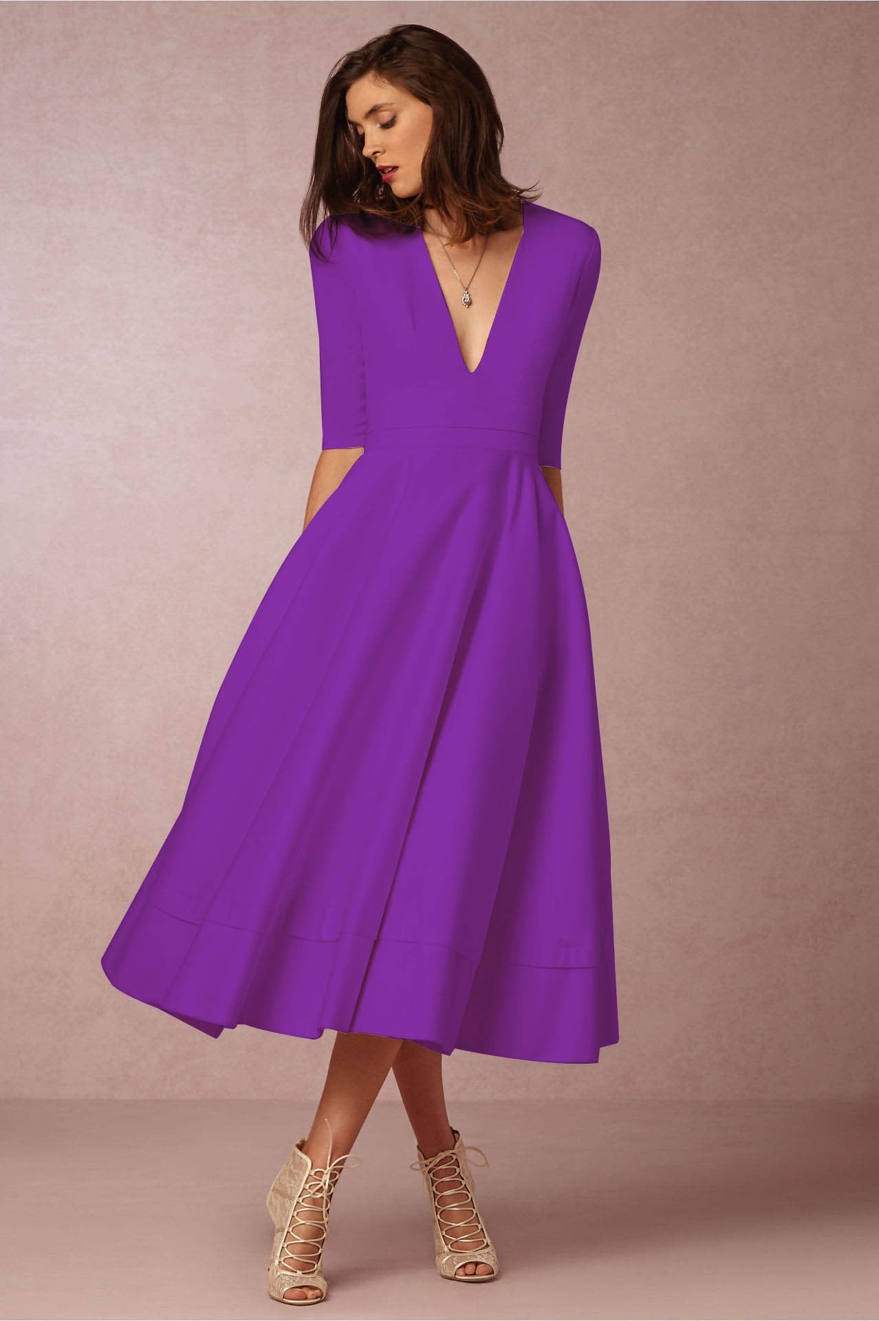 Sexy V Neck Half Sleeves Midi Dresses-Midi Dresses-Purple-S-Free Shipping Leatheretro