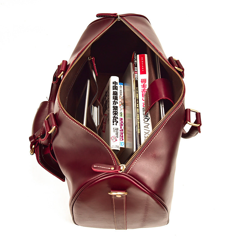 Wine Red Shoulder Leather Traveling Bag 9397-Leather Duffle Bags-Wine Red-Free Shipping Leatheretro