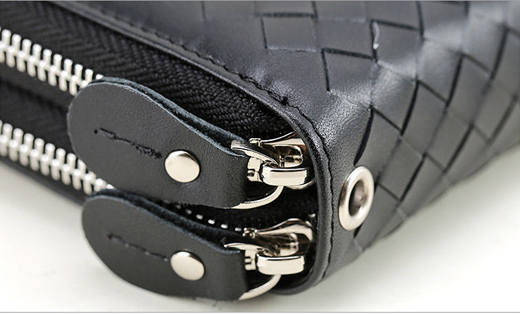 Woven Large Storage Double Zipper Leather Waleets 4009-Handbags, Wallets & Cases-Black-Free Shipping Leatheretro