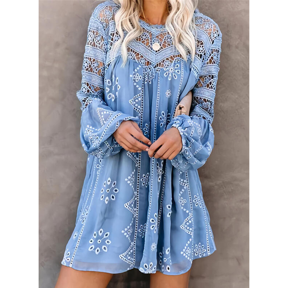 Women Summer Hollow Out Casual Short Dresses-Mini Dresses-Sky Blue-M-Free Shipping Leatheretro