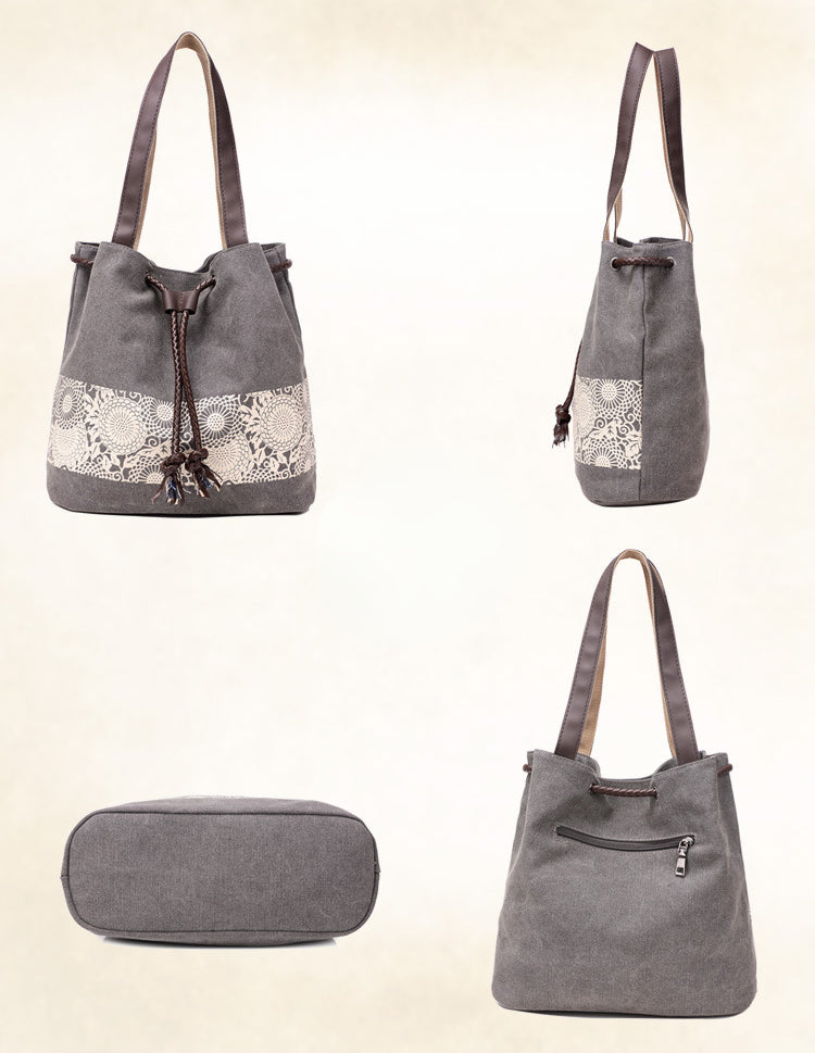 Boho Drawstring Canvas Handbags for Women 1116-Handbags-Black-Free Shipping Leatheretro