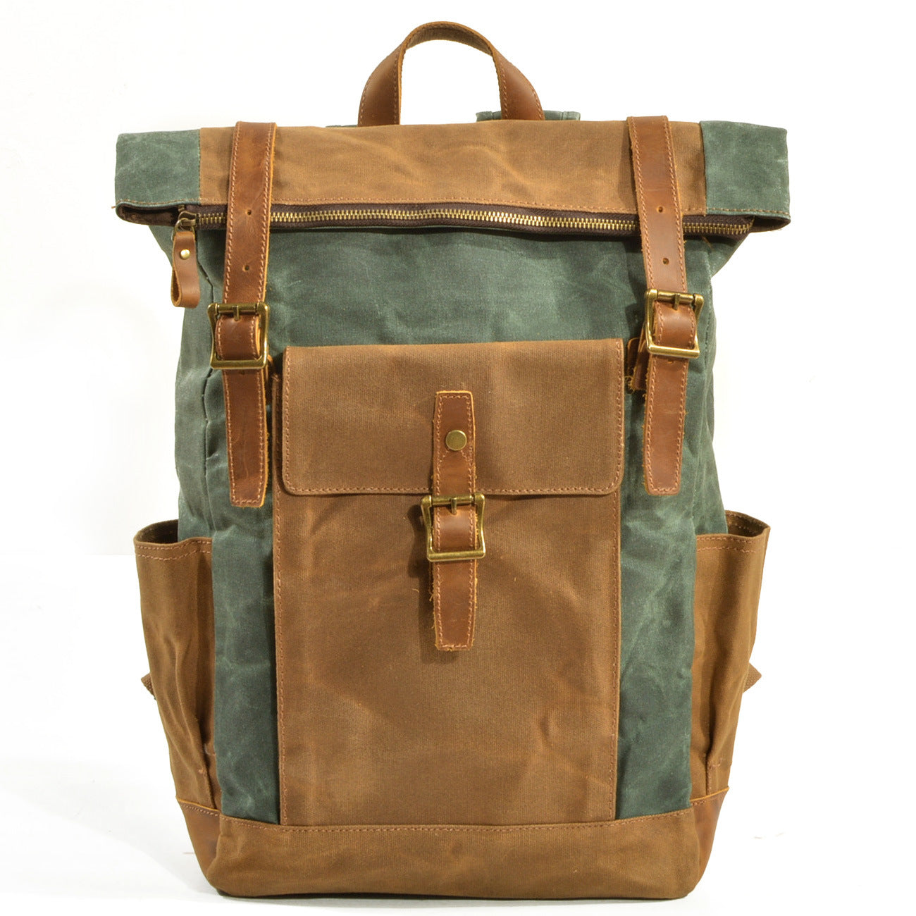 Vintage Men Leather Canvas Rucksack for Traveling 9120-Leather Canvas Backpack-Lake Green-Free Shipping Leatheretro