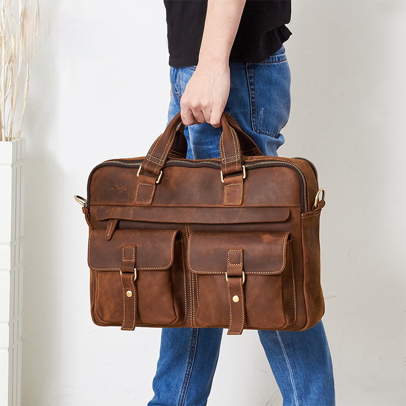15.6" Men Vintage Leather Business Briefcase J6360-Leather Briefcase-Brown-Free Shipping Leatheretro