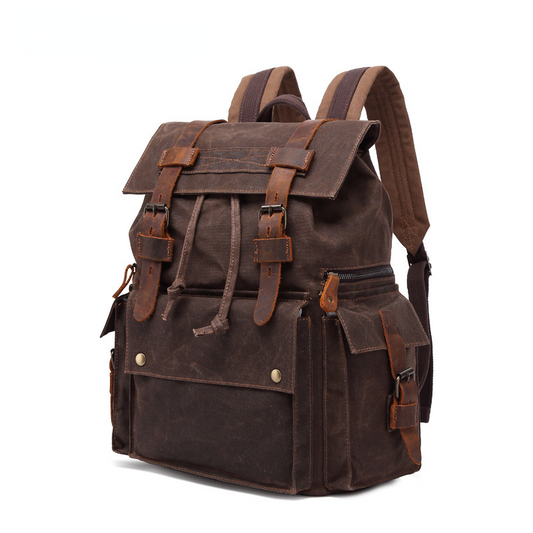 Men Waterproof Leather Canvas Outdoor Backpack 5358-Leather Canvas Backpack-Coffee-Free Shipping Leatheretro