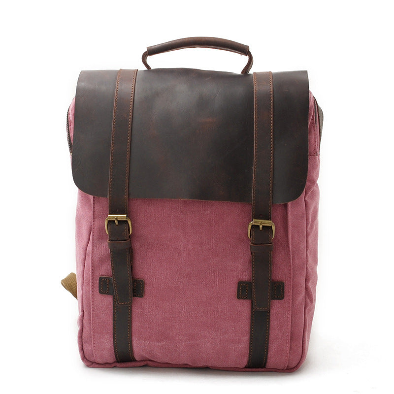 Vintage Leather Canvas Traveling Backpack C6820x-Leather Canvas Backpack-Rose Red-Free Shipping Leatheretro