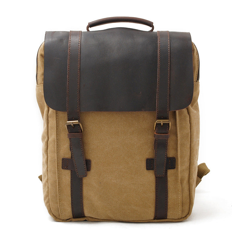 Vintage Leather Canvas Traveling Backpack C6820x-Leather Canvas Backpack-Khaki-Free Shipping Leatheretro