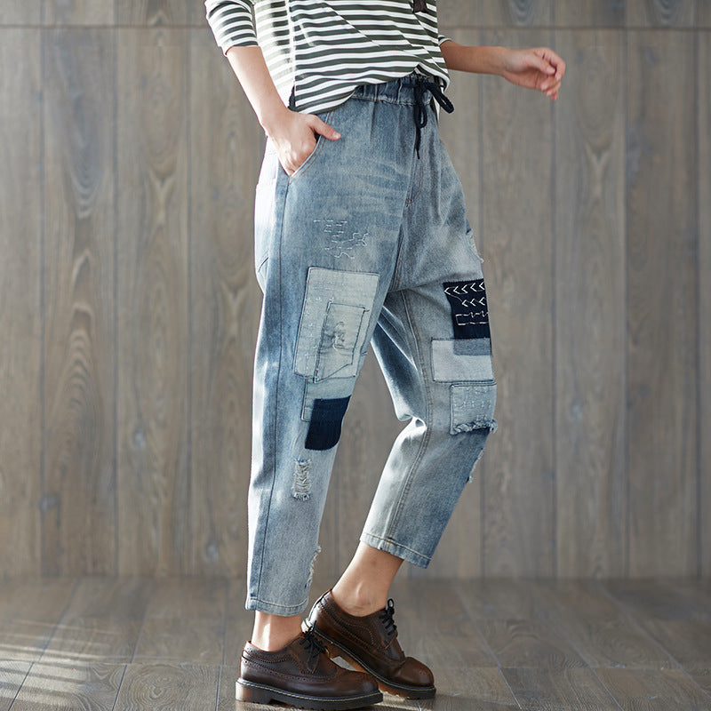 Casual Elastic Waist Cropped Jeans for Women-Pants-Blue-L-Free Shipping Leatheretro