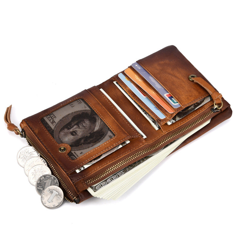 Casual Vintage Double Zipper Leather Wallets 0660-Leather Wallets-Light Brown-Free Shipping Leatheretro