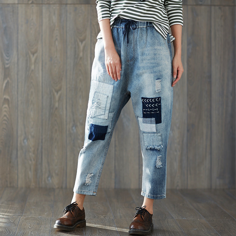 Casual Elastic Waist Cropped Jeans for Women-Pants-Blue-L-Free Shipping Leatheretro
