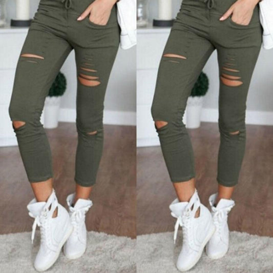 Casual Broken Holes Tight Pencil Pants-Women Bottoms-Army Green-S-Free Shipping Leatheretro