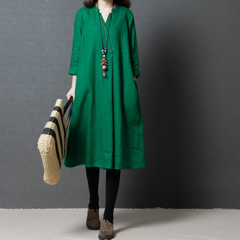 Vintage Linen Women V Neck Long Shirt Dresses-Dresses-Green-L-Free Shipping Leatheretro