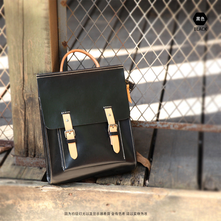 Hanmade Vegetable Tanned Leather Backpack for Women-Backpacks-Black-Free Shipping Leatheretro