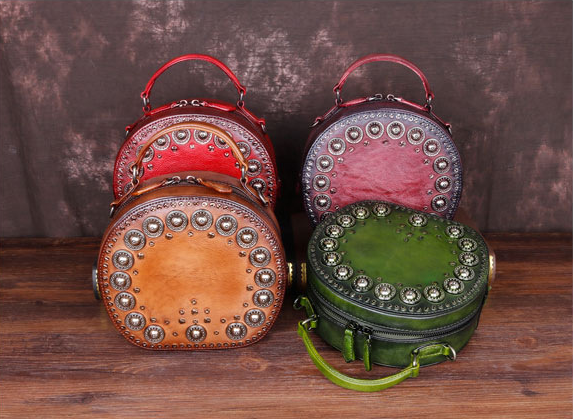 Vintage Handmade Rivet Cute Round Shape Leather Bags 8093-Leather Bags for Women-Red-Free Shipping Leatheretro