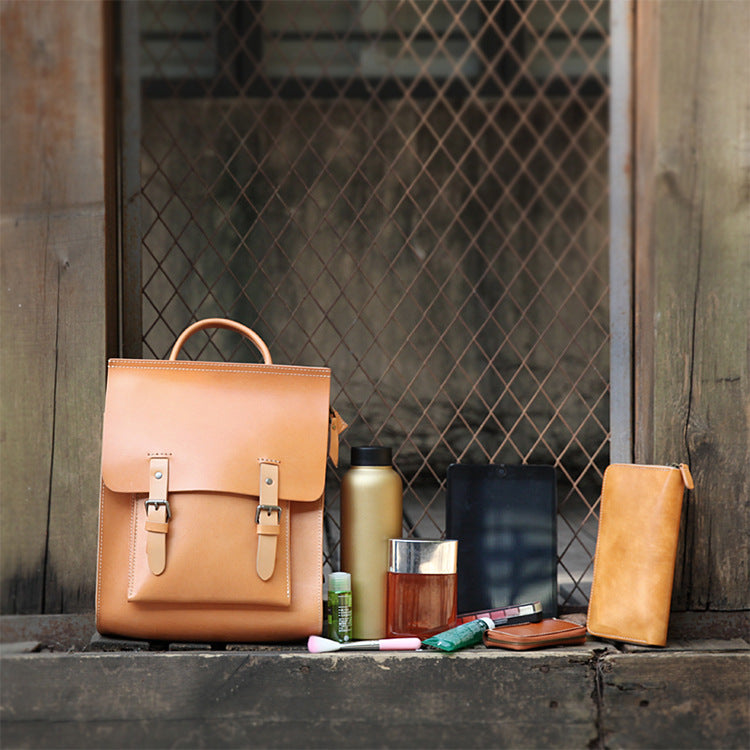 Hanmade Vegetable Tanned Leather Backpack for Women-Backpacks-Black-Free Shipping Leatheretro