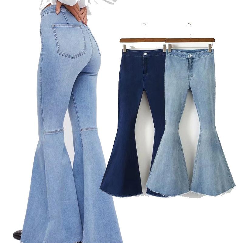 Women Elastic Fall Large Trumpet Jeans-Women Bottoms-Black-S-Free Shipping Leatheretro