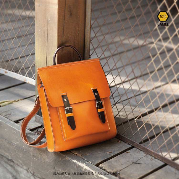 Hanmade Vegetable Tanned Leather Backpack for Women-Backpacks-Black-Free Shipping Leatheretro