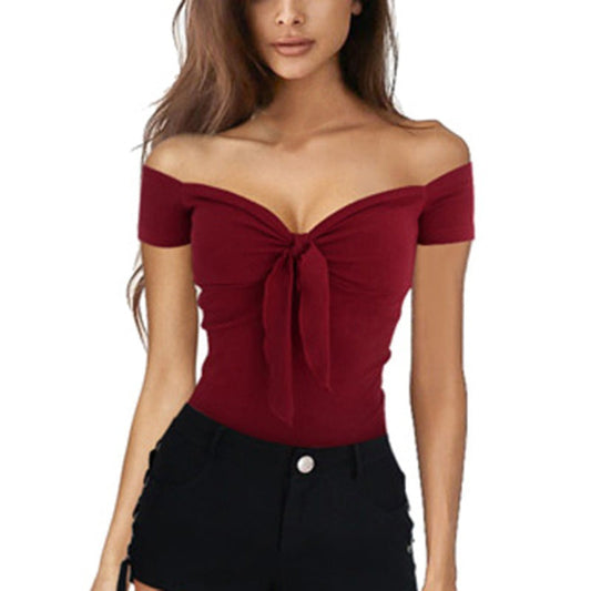 Sexy V Neck Sheath Short Sleeves T Shirts-Shirts & Tops-Wine Red-S-Free Shipping Leatheretro