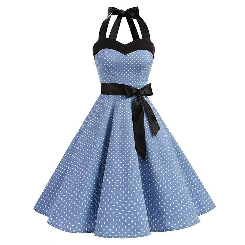 Retro Halter Dot Print Dresses-Vintage Dresses-Light Blue Small Dot-S-Free Shipping Leatheretro