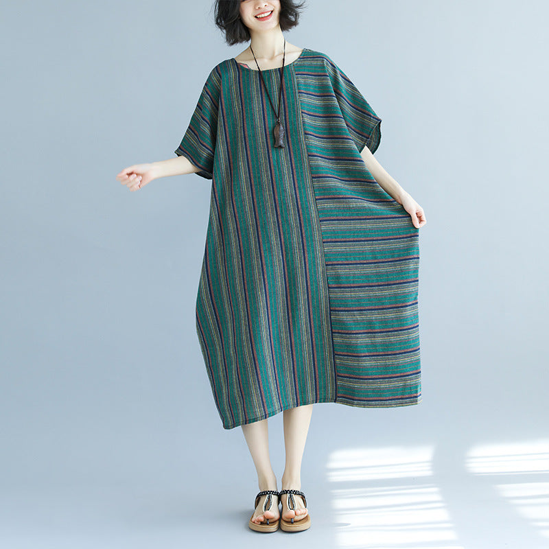 Vintage Green Linen Striped Asymmetrical Short Dresses-Dresses-Green-One Size-Free Shipping Leatheretro