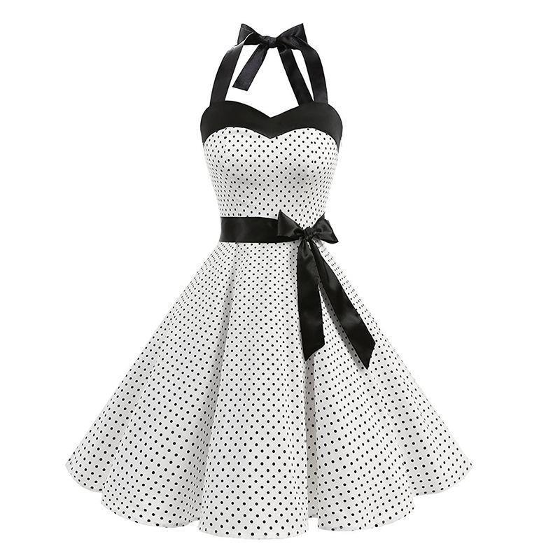 Retro Halter Dot Print Dresses-Vintage Dresses-White Small Dot-S-Free Shipping Leatheretro