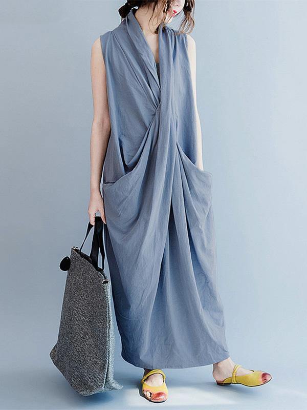 Loose Gray-blue Cropped Pockets Long Dress-Maxi Dress-GRAY BLUE-FREE SIZE-Free Shipping Leatheretro