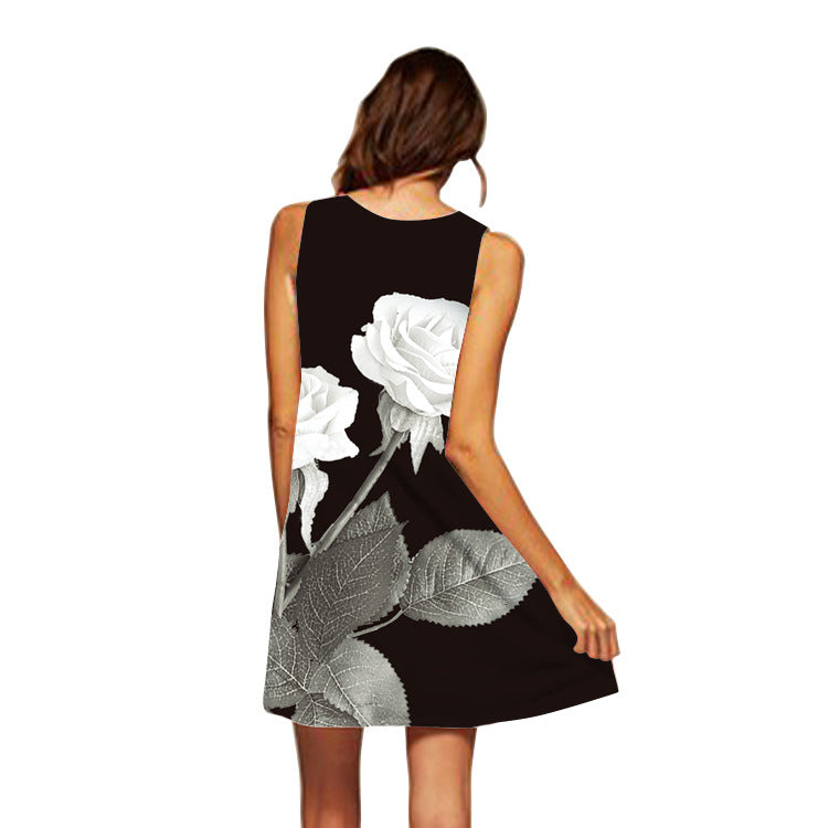 Black Floral Designed Round Neck Summer Mini Dresses-Dresses-Black-S-Free Shipping Leatheretro