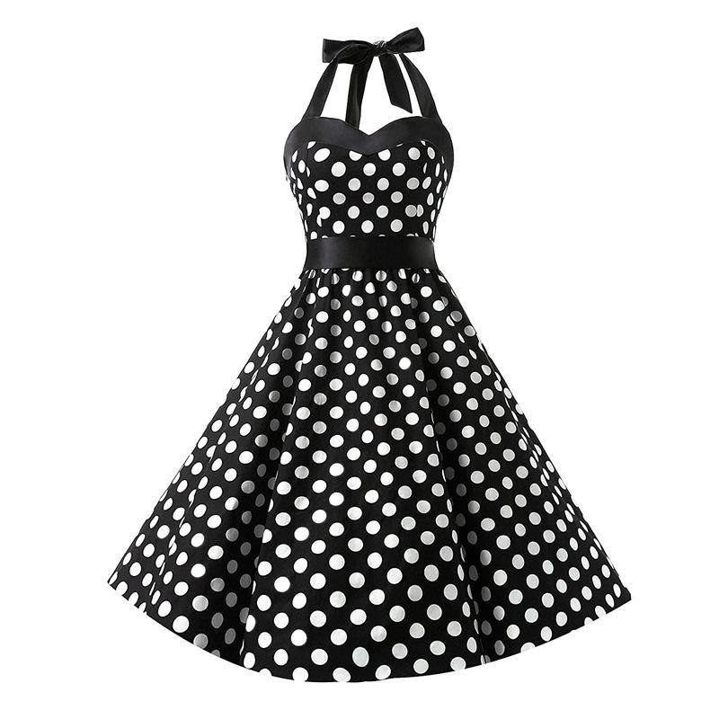 Retro Halter Dot Print Dresses-Vintage Dresses-Black Big Dot-S-Free Shipping Leatheretro