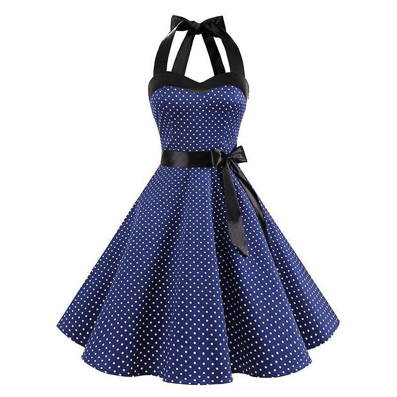 Retro Halter Dot Print Dresses-Vintage Dresses-Dark Blue Small Dot-S-Free Shipping Leatheretro