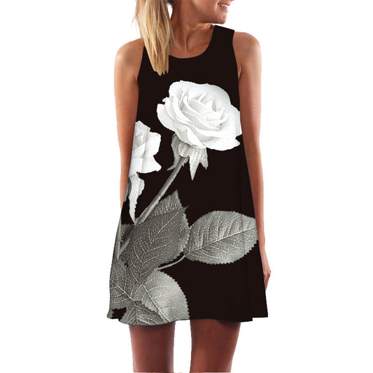Black Floral Designed Round Neck Summer Mini Dresses-Dresses-Black-S-Free Shipping Leatheretro