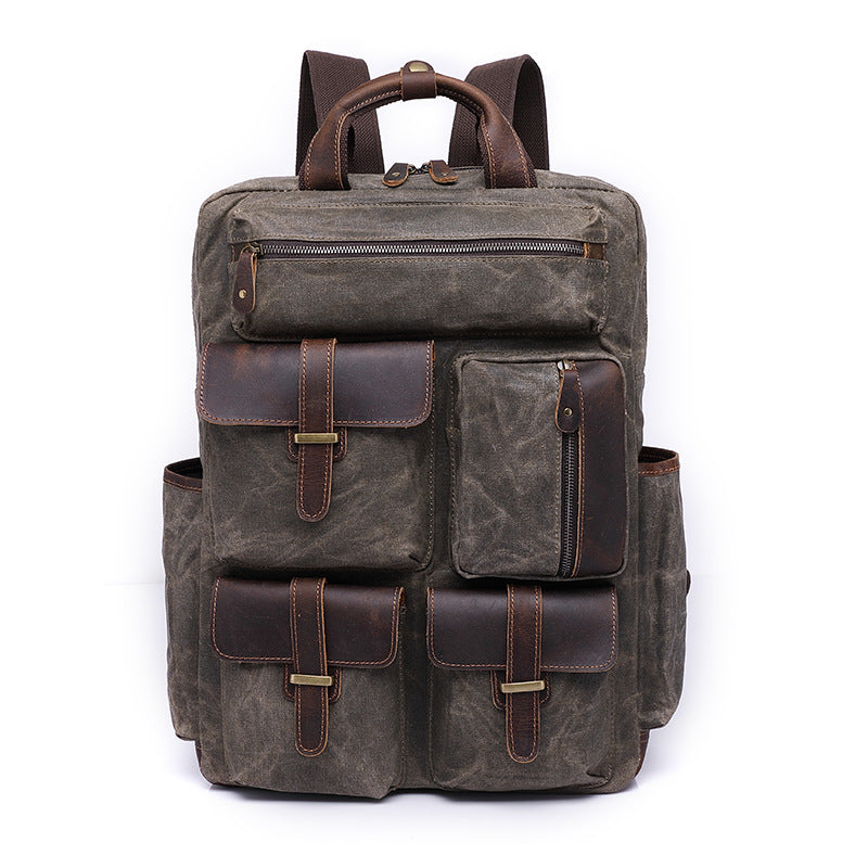 Men's Large Storage Leather Wax Canvas Backpack 5351-Leather Canvas Backpack-Army Green-Free Shipping Leatheretro