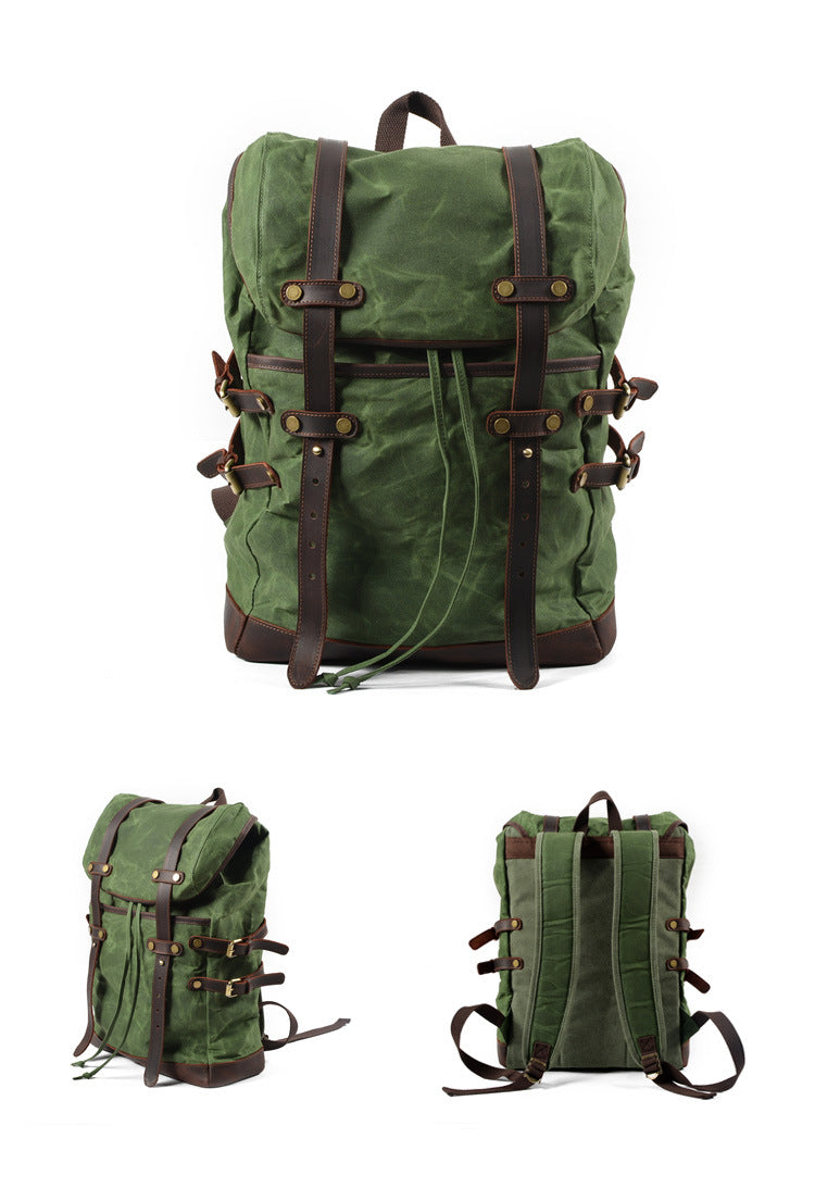 Leisure Leather Canvas Hiking Backpack 9159-Leather Canvas Backpack-Green-Free Shipping Leatheretro