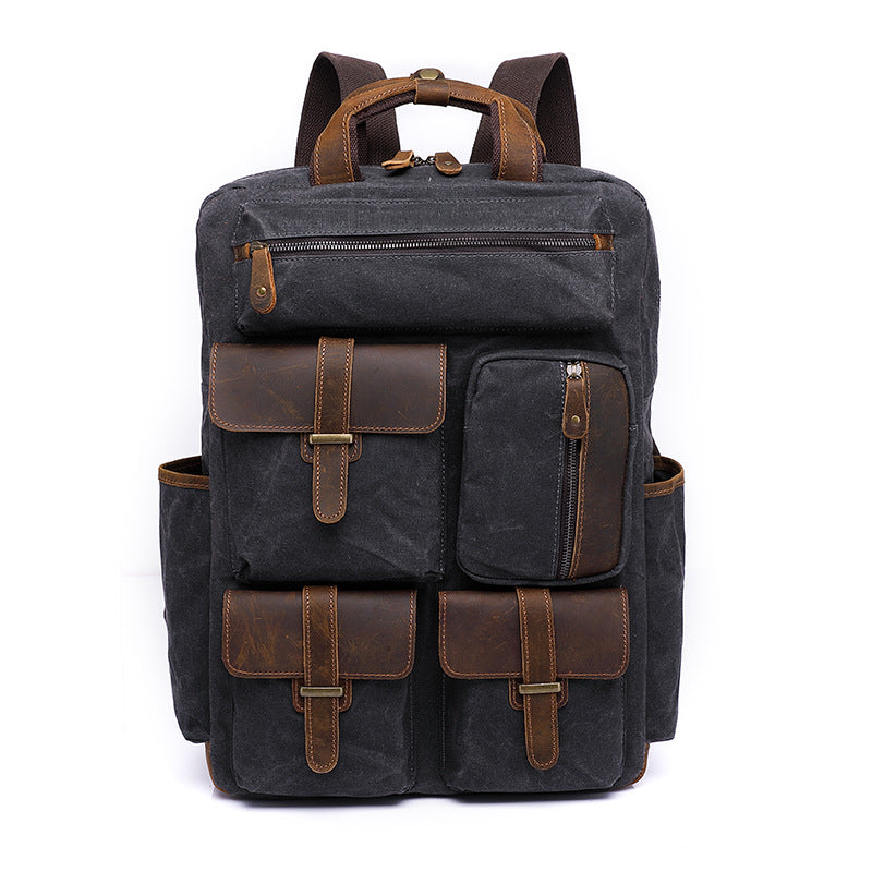 Men's Large Storage Leather Wax Canvas Backpack 5351-Leather Canvas Backpack-Gray-Free Shipping Leatheretro