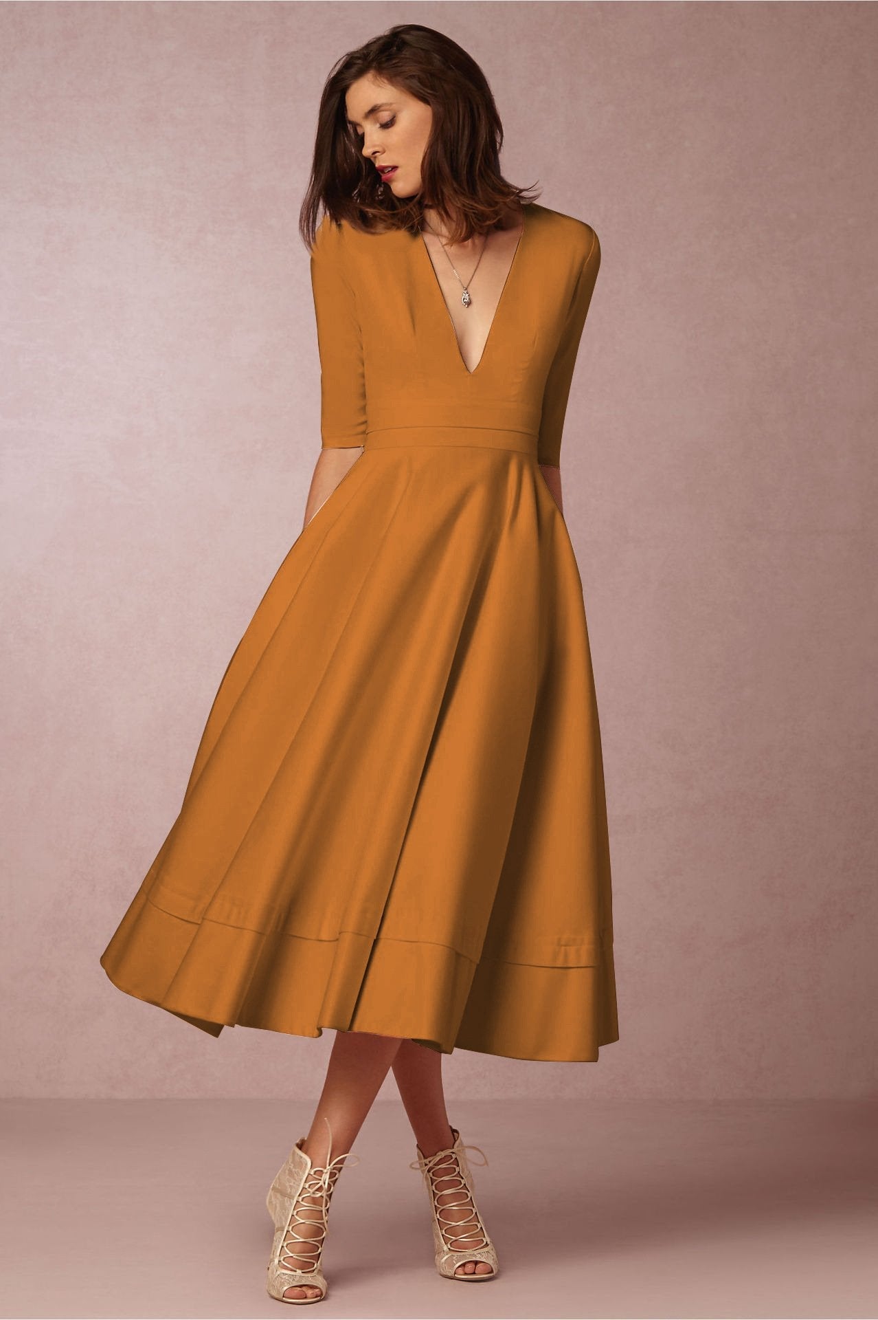 Sexy V Neck Half Sleeves Midi Dresses-Midi Dresses-Yellow-S-Free Shipping Leatheretro