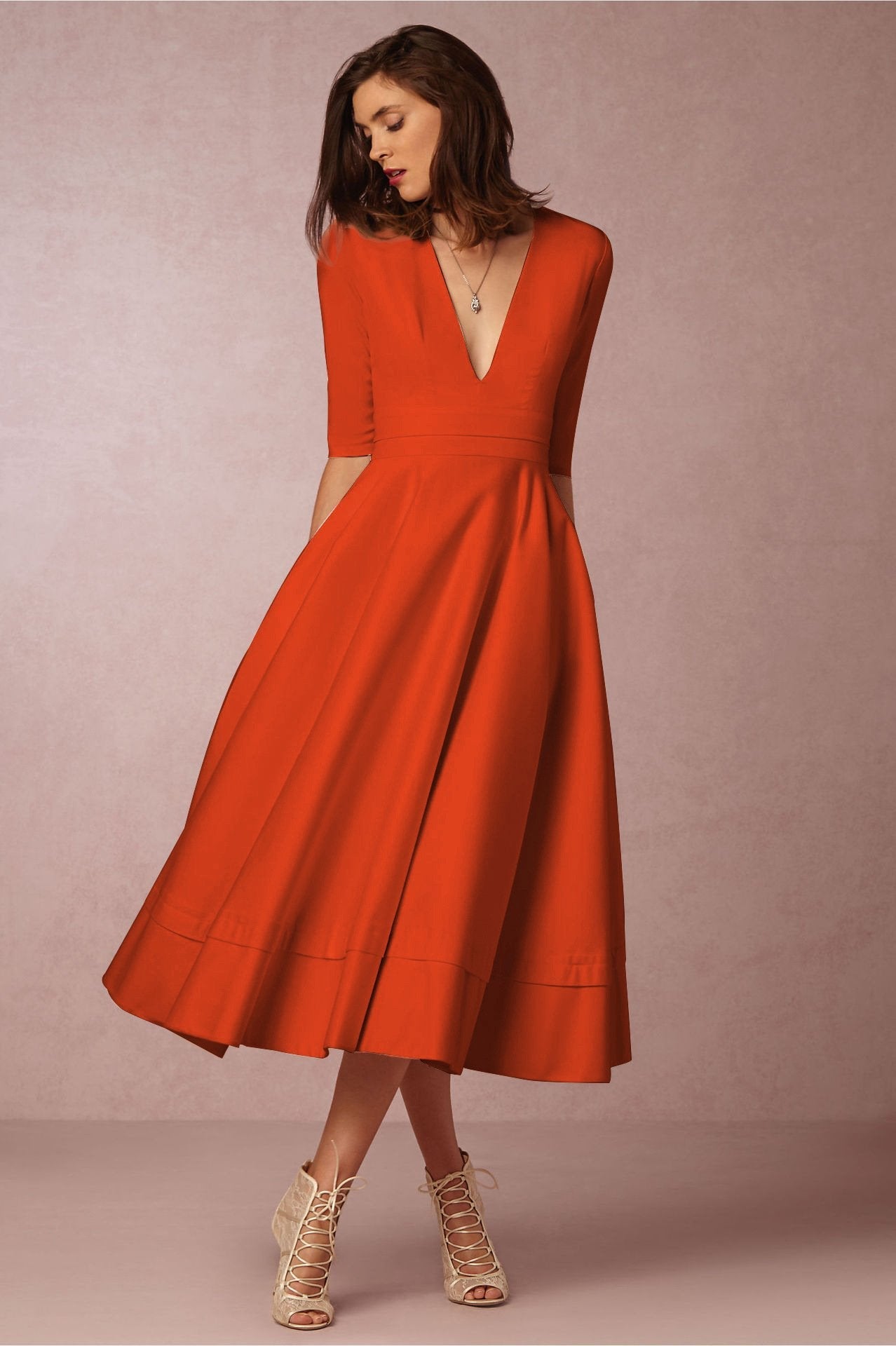 Sexy V Neck Half Sleeves Midi Dresses-Midi Dresses-Orange-S-Free Shipping Leatheretro