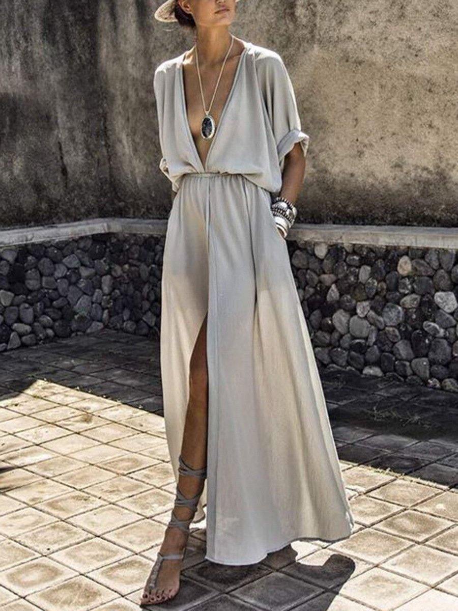 Simple Half Slleves Split Front Long Dresses-Maxi Dresses-Gray-S-Free Shipping Leatheretro
