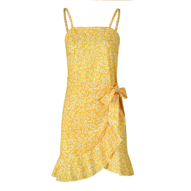 Women Leaf Print Chiffon Summer Irregular Beach Short Dresses-Dresses-7913-4-S-Free Shipping Leatheretro