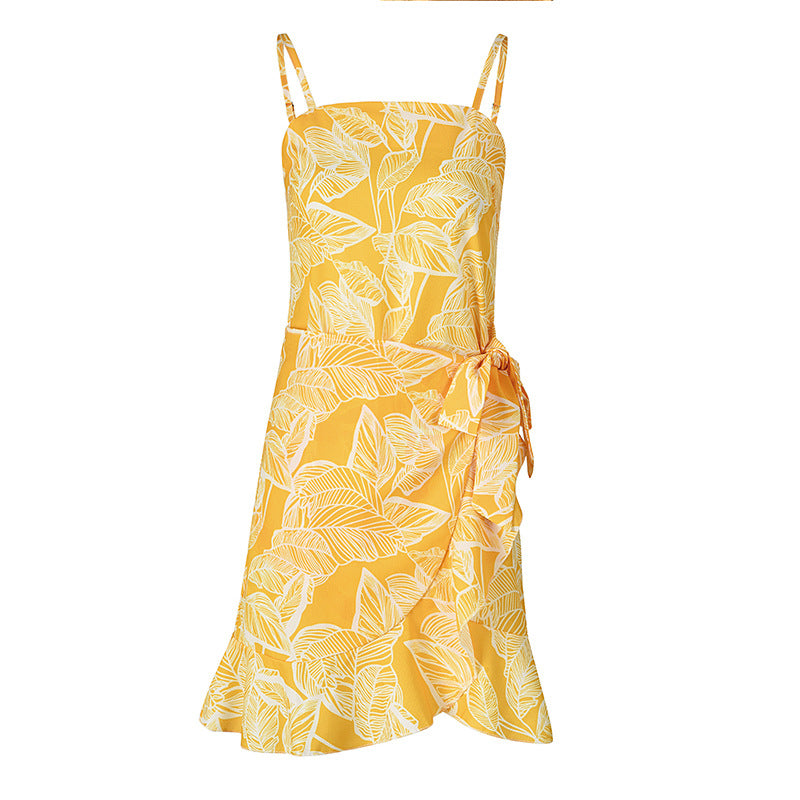 Women Leaf Print Chiffon Summer Irregular Beach Short Dresses-Dresses-7913-14-S-Free Shipping Leatheretro