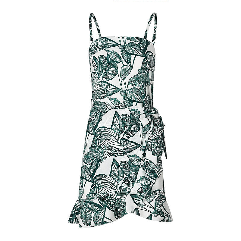 Women Leaf Print Chiffon Summer Irregular Beach Short Dresses-Dresses-7913-13-S-Free Shipping Leatheretro