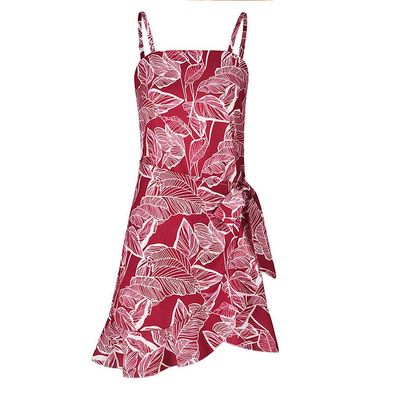 Women Leaf Print Chiffon Summer Irregular Beach Short Dresses-Dresses-7913-15-S-Free Shipping Leatheretro