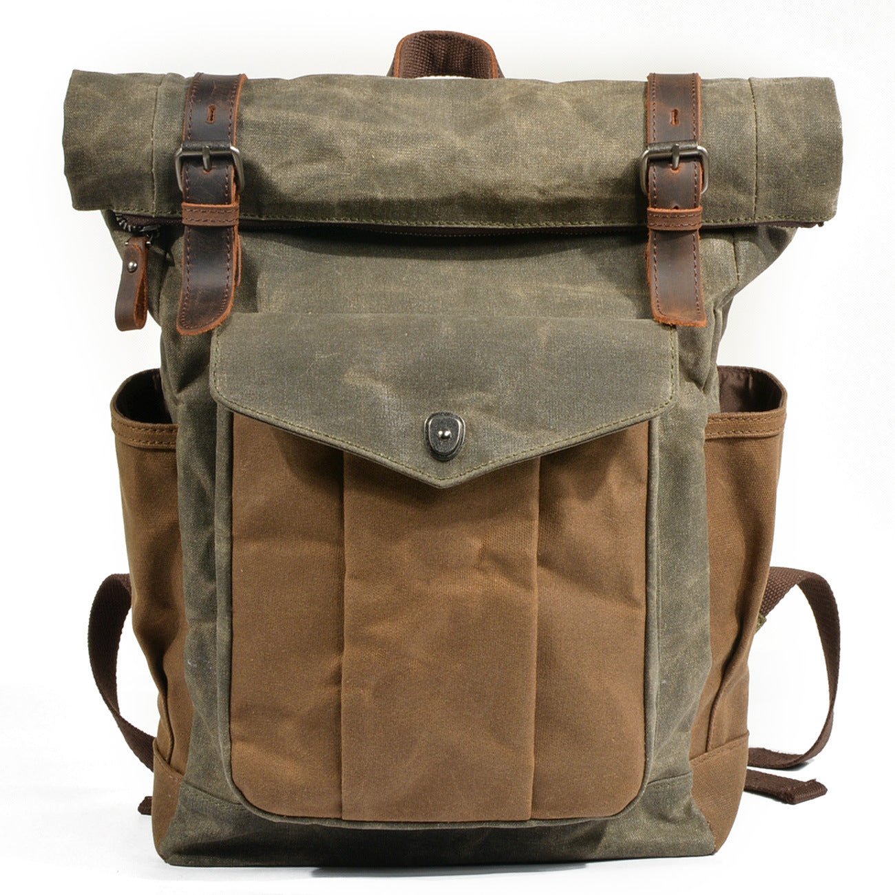 Leather Hiking Outdoor Canvas Backpack-Leather Canvas Backpack-Army Green-Free Shipping Leatheretro