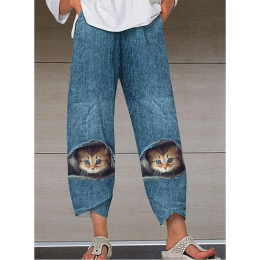 Casual Cat Print Women Denim Trousers-Hakama Trousers-The same as picture-M-Free Shipping Leatheretro