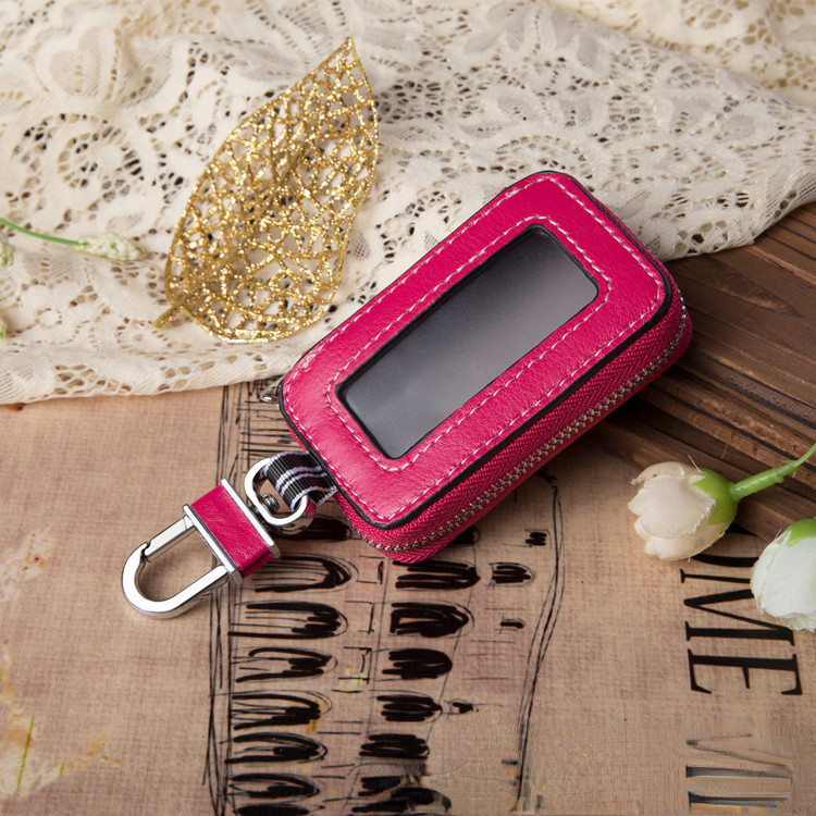 Leather Transparent Zipper Car Case with Key Input Funciton 9069-Leather Car Key Cases-Rose Red-Free Shipping Leatheretro