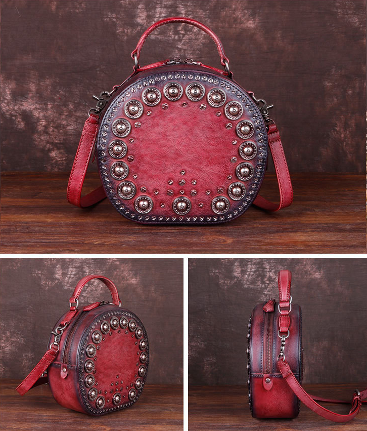 Vintage Handmade Rivet Cute Round Shape Leather Bags 8093-Leather Bags for Women-Red-Free Shipping Leatheretro