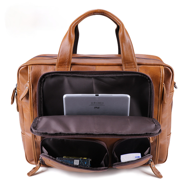 Men Handmade Leather 17" Briefcase Laptop Bags J6477-Leather Briefcase-Brown-Free Shipping Leatheretro