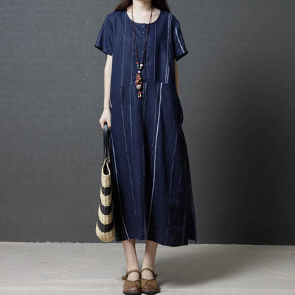 Summer Cozy Linen Plus Sizes Midi Dresses-Dresses-Blue-L-Free Shipping Leatheretro