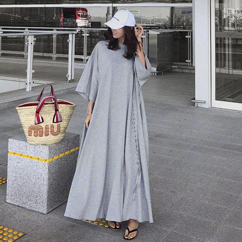 Women Summer Plus Sizes Loose Cozy Dresses-Maxi Dresses-Gray-S-Free Shipping Leatheretro