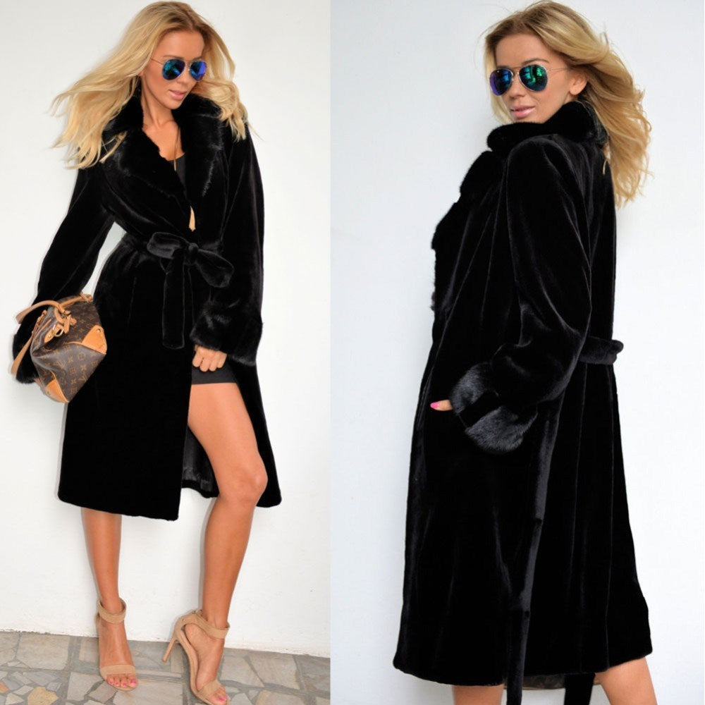 Black Artificial Fur Women Long Trenchcoats for Winter-Outerwear-Black-S-Free Shipping Leatheretro
