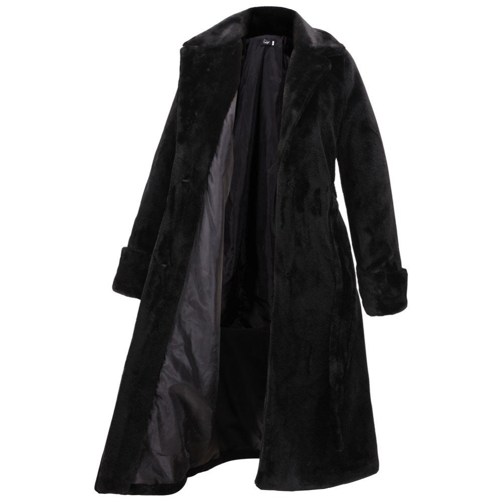 Black Artificial Fur Women Long Trenchcoats for Winter-Outerwear-Black-S-Free Shipping Leatheretro