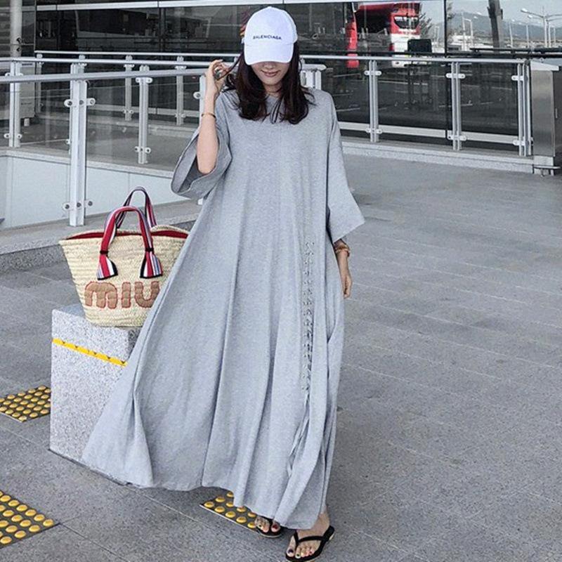 Women Summer Plus Sizes Loose Cozy Dresses-Maxi Dresses-Gray-S-Free Shipping Leatheretro